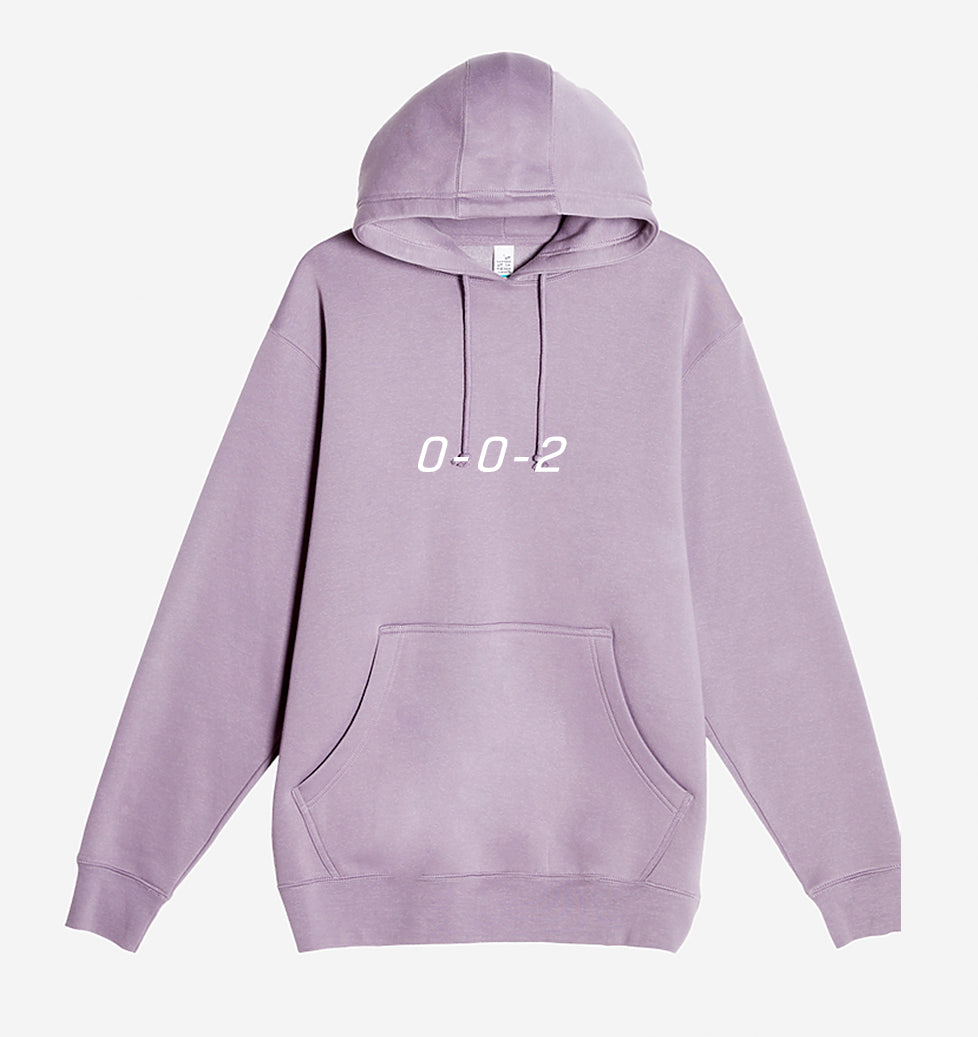 Purple hoodie with '0-0-2' text on a light gray background